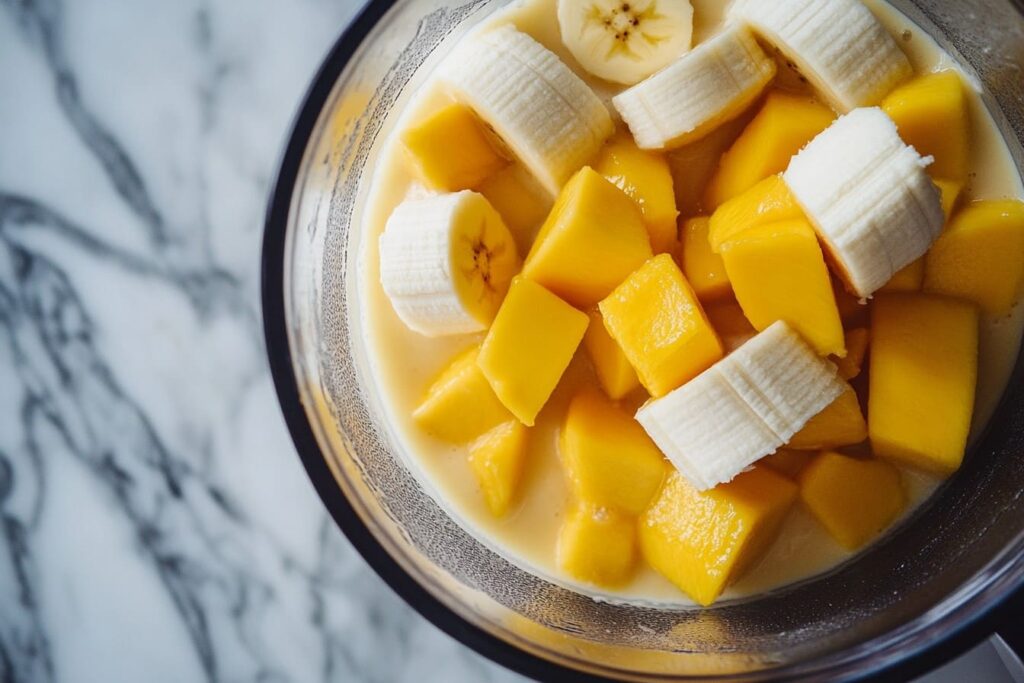 Blending mango and banana for a mango smoothie bowl.