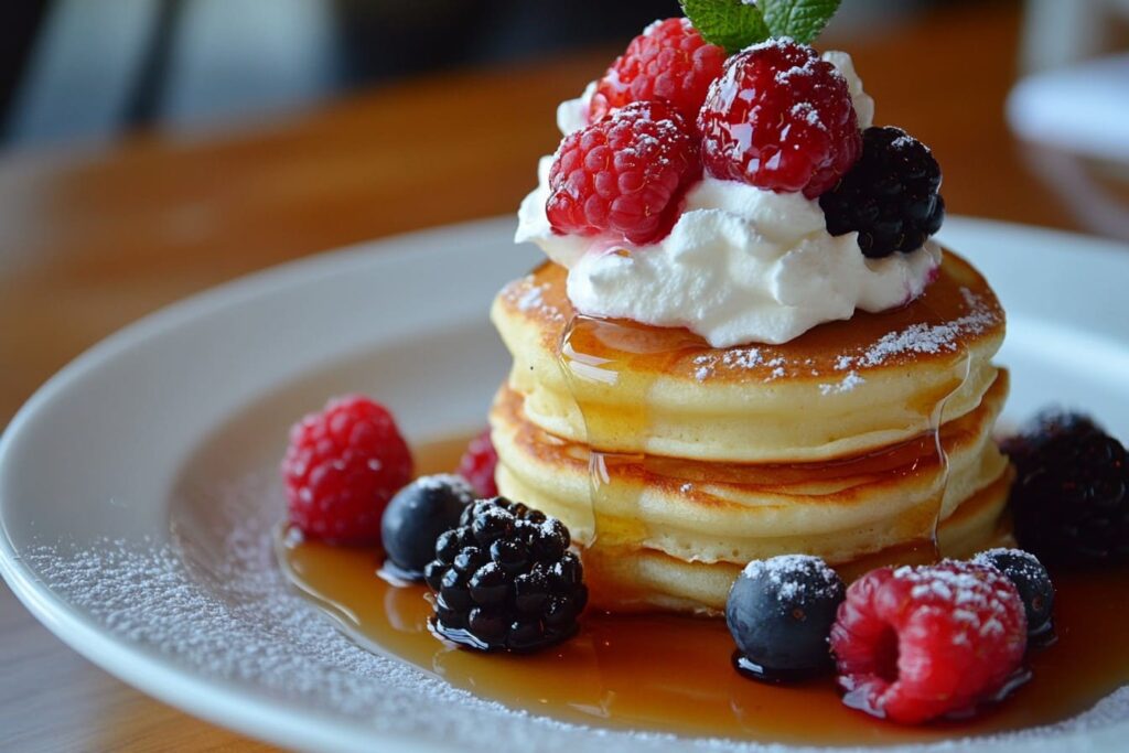 stack of mini pancakes topped with fresh berries, syrup, and whipped cream.