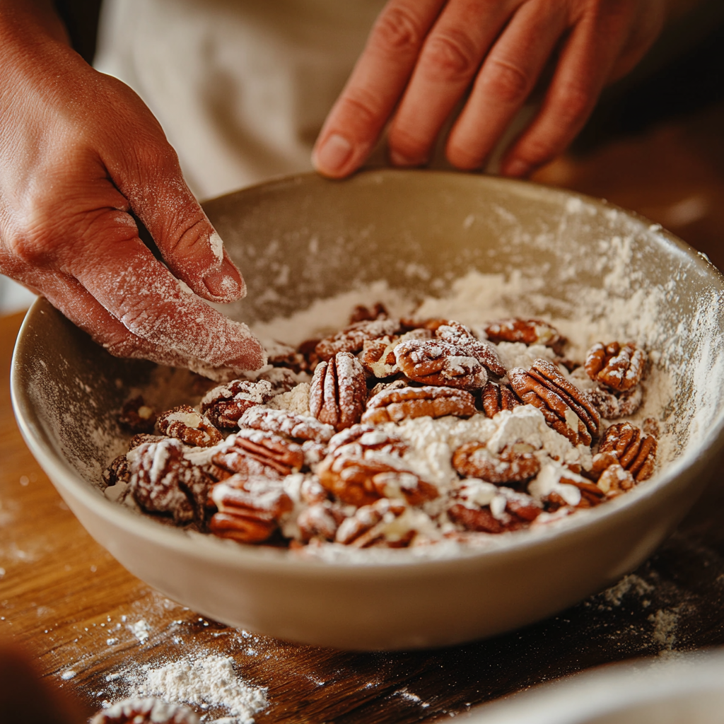 How do you keep pecans from sinking in a cake