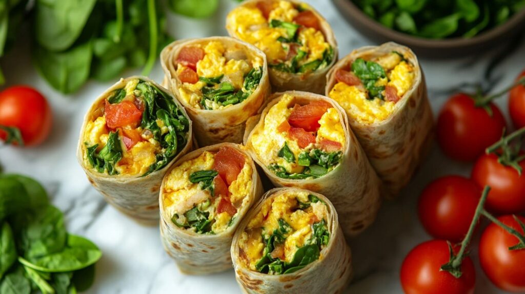 multiple meal prepped breakfast burrito Meal-prepped breakfast burritos wrapped in parchment paper, ready for storage.