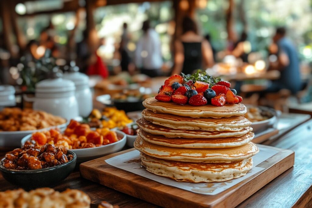 Pancake platter with assorted toppings like fruits, sprinkles, whipped cream, and syrup.