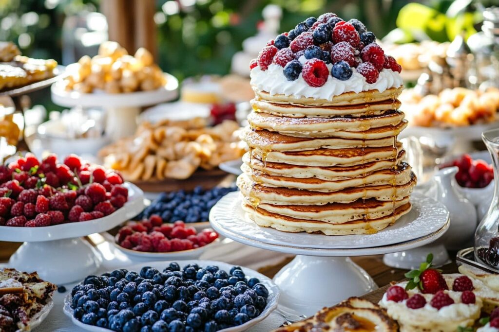 A party spread with pancakes, toppings, and festive decorations