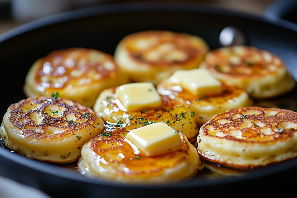 Golden-brown mini pancakes in a pan.