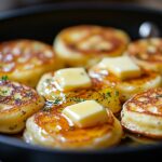 Golden-brown mini pancakes in a pan.