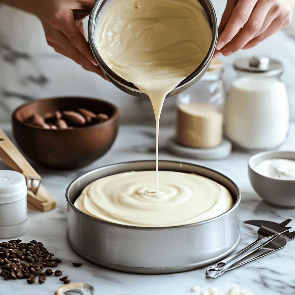 Pouring batter into a cheesecake pan	