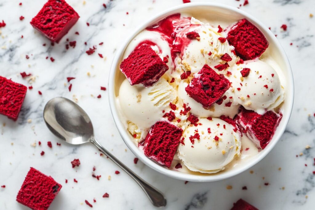 Bowl of red velvet cake ice cream with cream cheese swirls