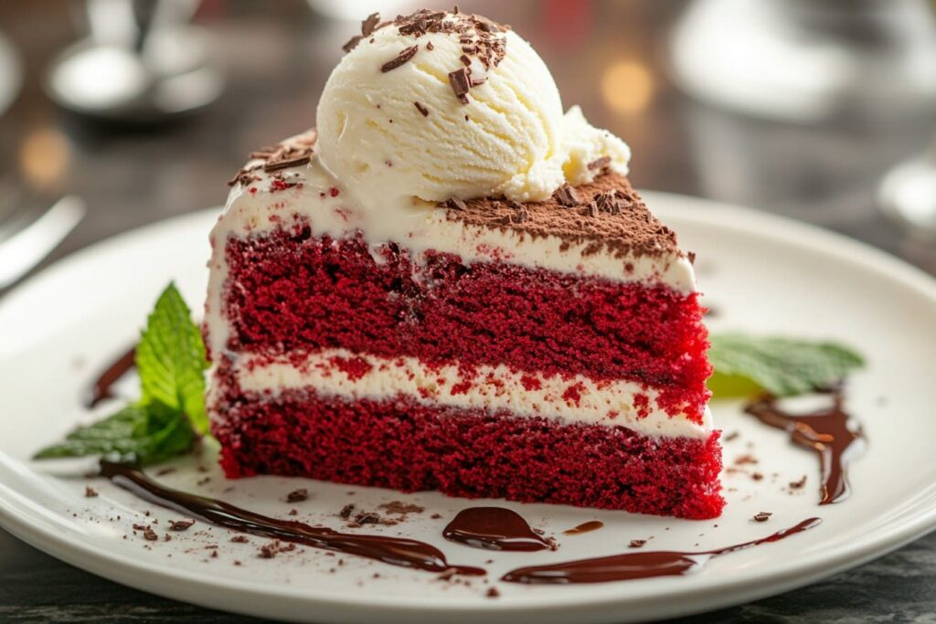 Red velvet cake with vanilla ice cream and chocolate drizzle What kind of ice cream goes well with red velvet cake?