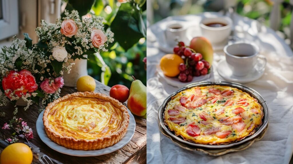 side by side comparaison of a quiche and frittata (1) A brunch table with quiche, frittata, fresh fruit, coffee, and flowers in natural light.
