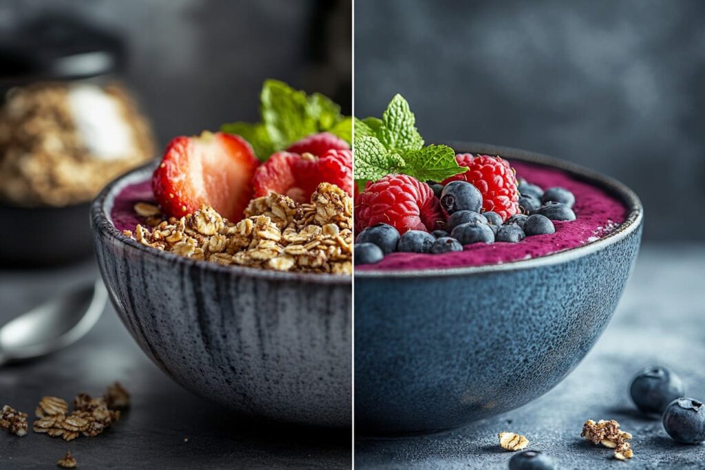 Side-by-side comparison of a smoothie bowl and an acai bowl with toppings.