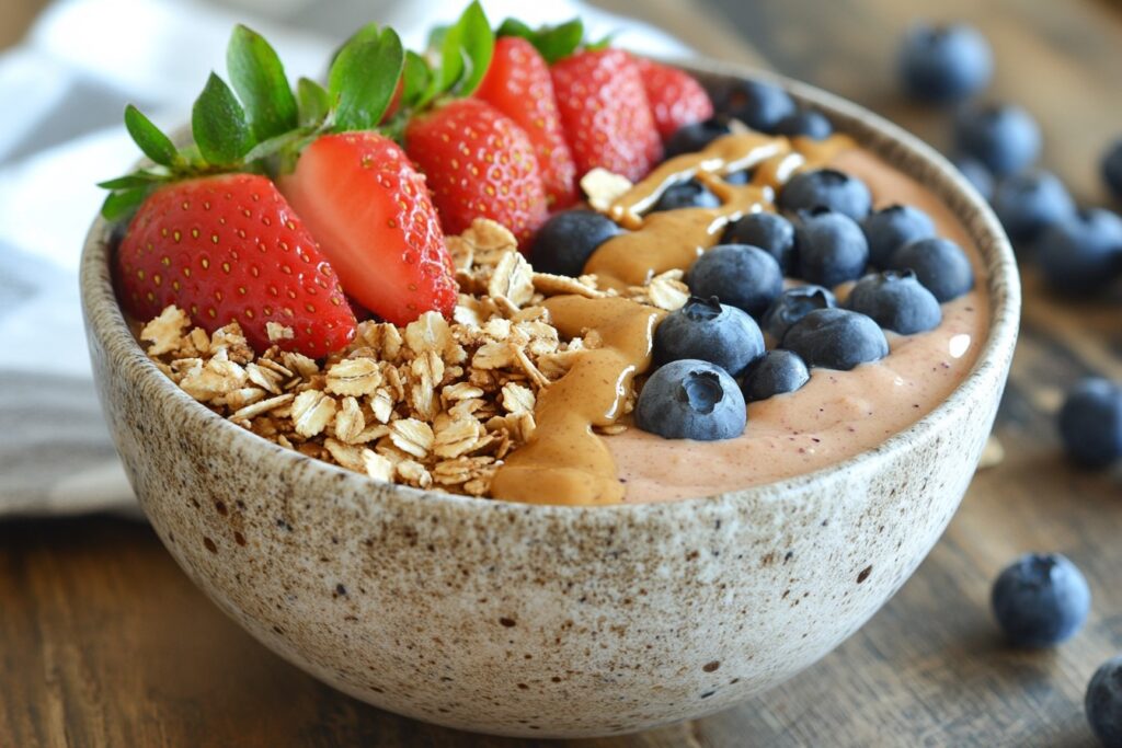 Thick smoothie bowl with colorful toppings.