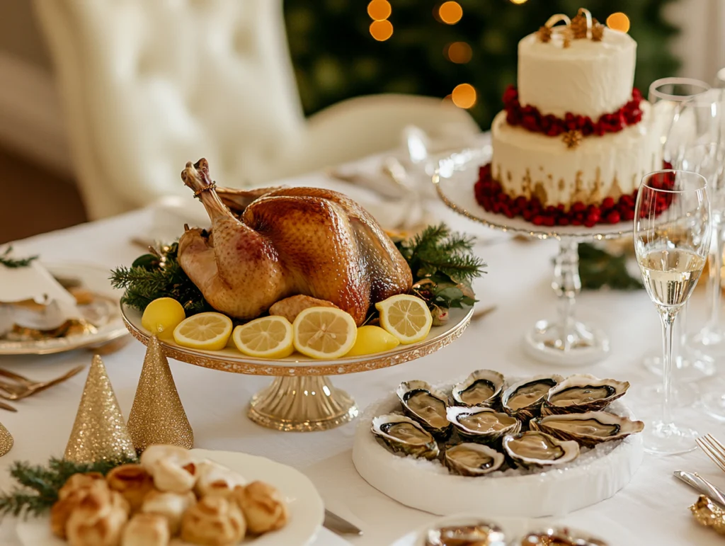 A festive French Christmas dinner table featuring traditional dishes, including roasted turkey with chestnuts, oysters, foie gras, and a Bûche de Noël, adorned with holiday decorations.