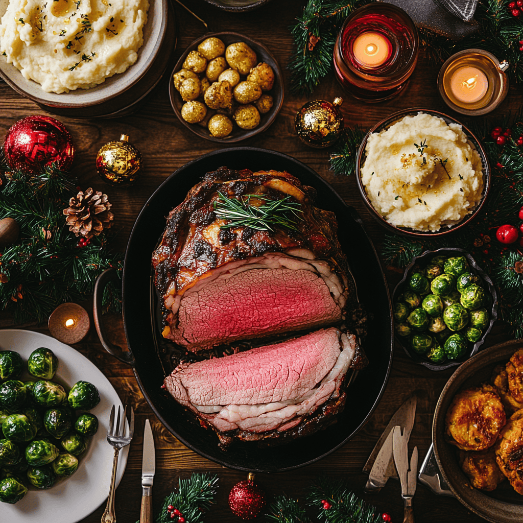 Perfectly cooked prime rib roast on a festive Christmas dinner table with side dishes and decorations.