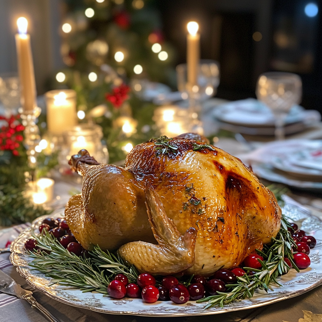 Golden roasted turkey on a Christmas dinner table