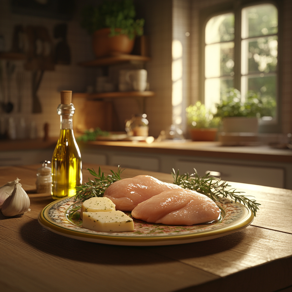  Step-by-step preparation of Chicken Breast Boursin with ingredients laid out.