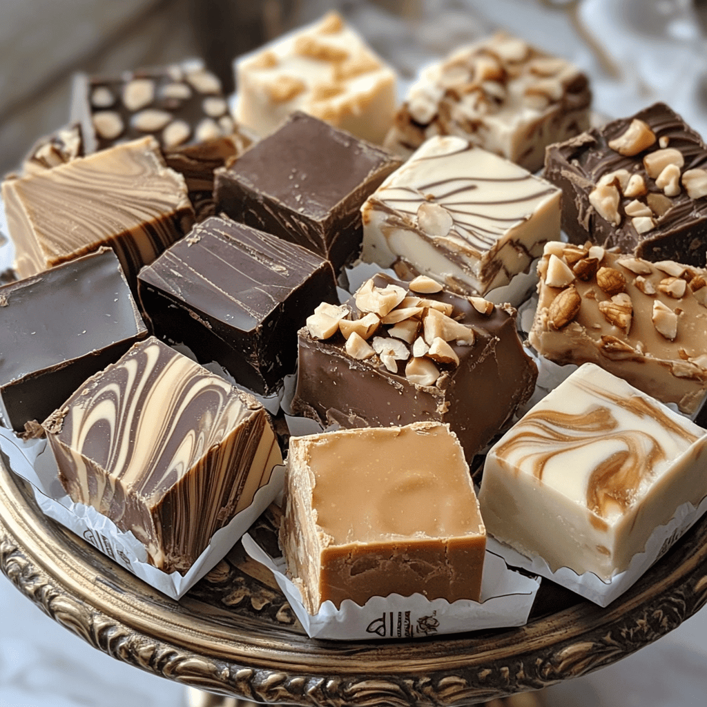 A platter showcasing different Figaro fudge variations, including caramel swirl, nut-studded, and white chocolate fudge.