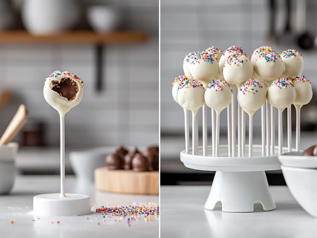 A comparison of cracked and falling cake pops on the left versus perfectly coated cake pops on the right, illustrating common mistakes.