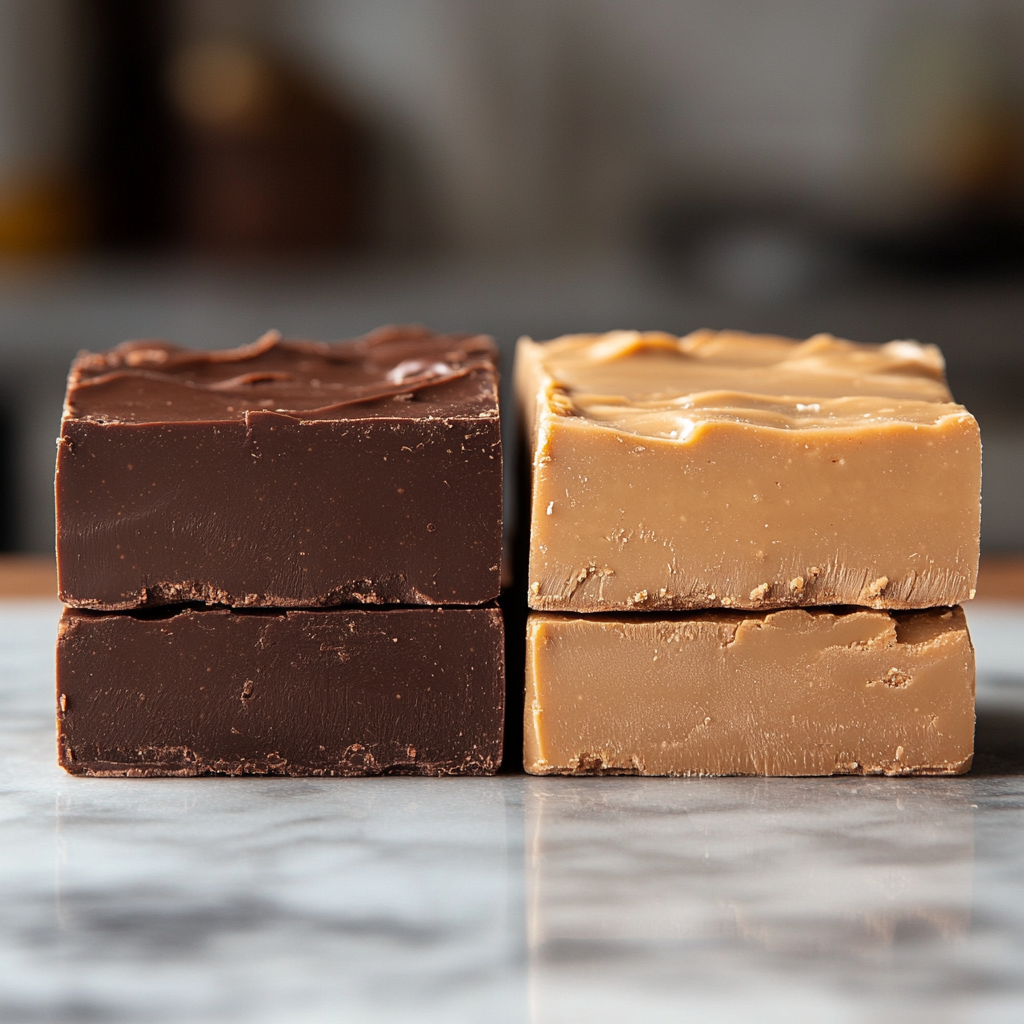 Traditional chocolate fudge and Russian fudge side-by-side, showing differences in texture and color.