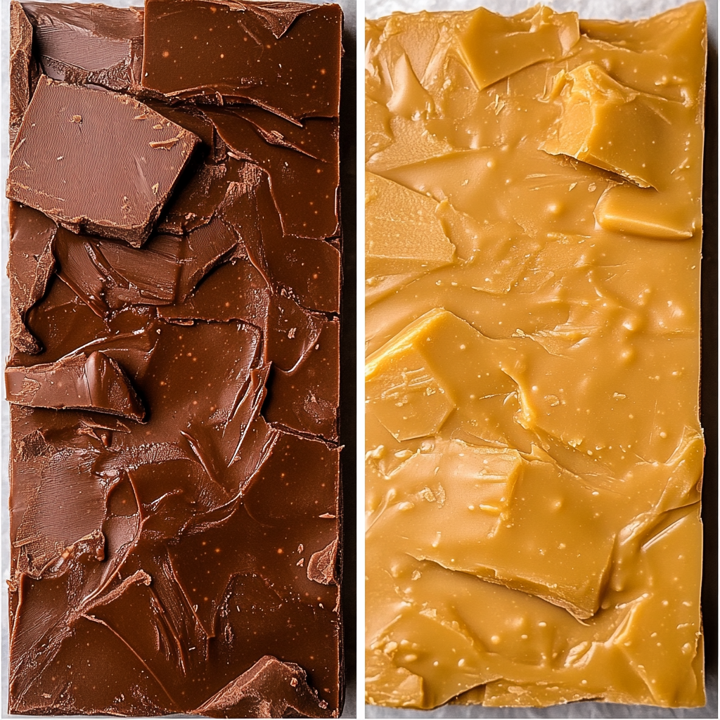 Traditional chocolate fudge and Russian fudge side-by-side, showing differences in texture and color.