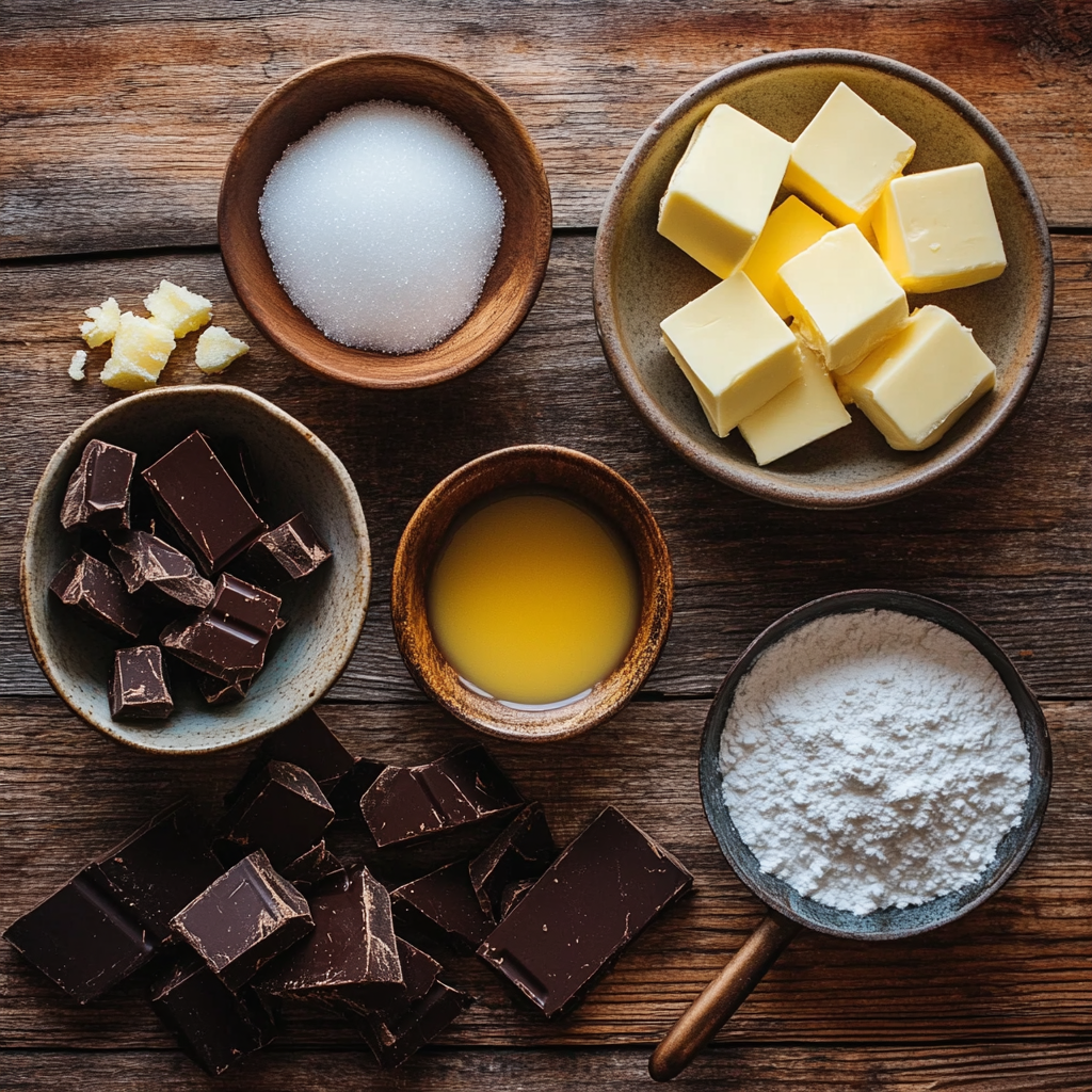 Traditional fudge ingredients: sugar, butter, milk, vanilla extract, and melted chocolate on a kitchen counter.