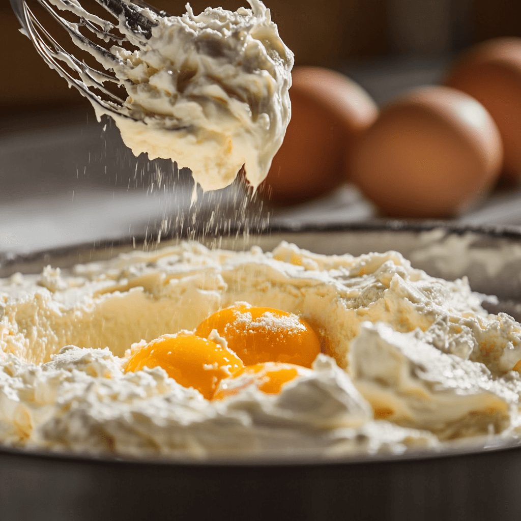 Mixing cheesecake batter in a bowl with baking tools nearby.