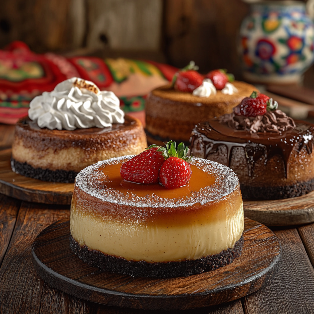 Three Mexican-inspired cheesecakes on a rustic wooden table: a Chocoflan with caramel flan on top of chocolate cake, a Tres Leches Cheesecake with whipped cream and strawberries, and a Mexican Chocolate Cheesecake with a dusting of cocoa and cinnamon.