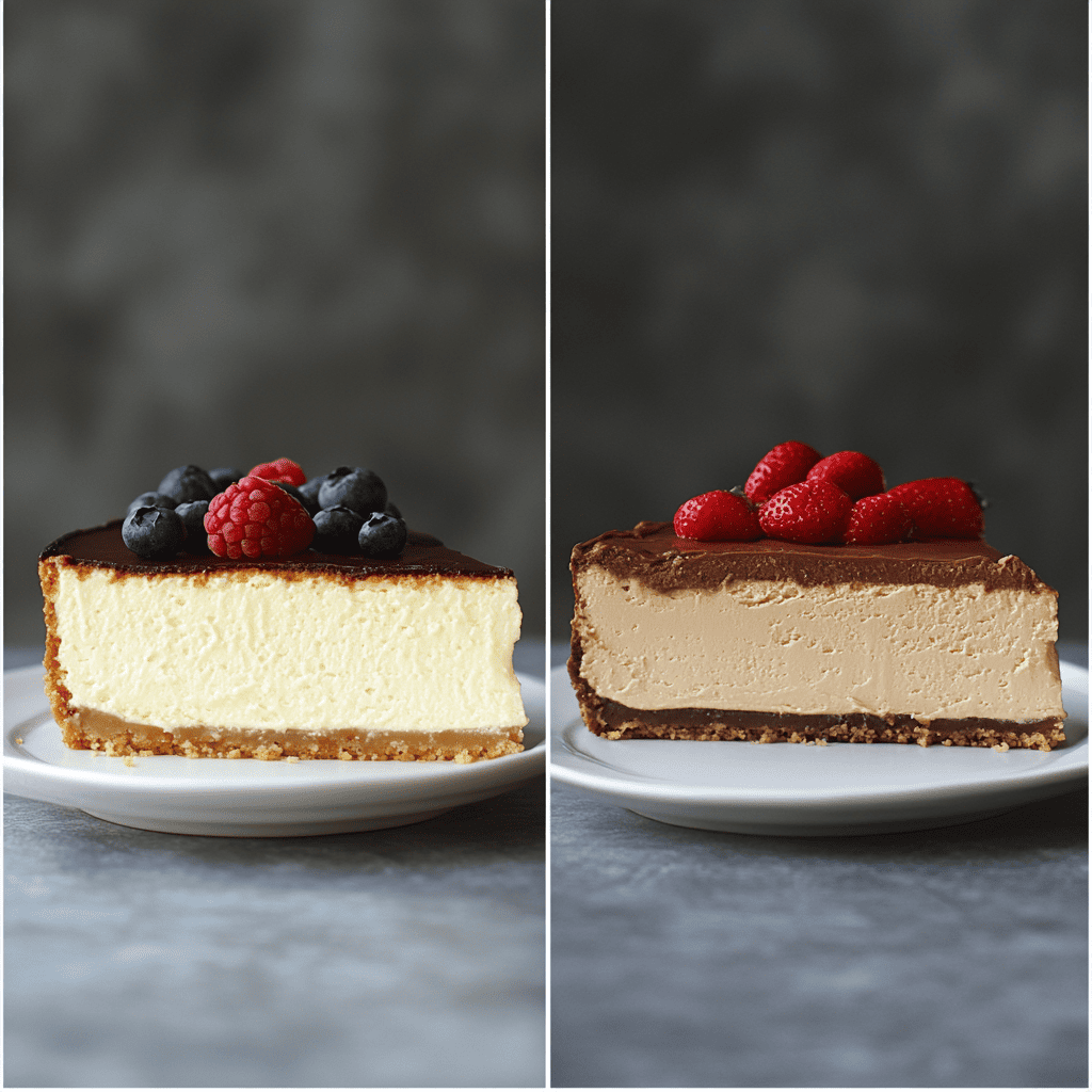 Traditional cheesecake and French style cheesecake side-by-side with labels.