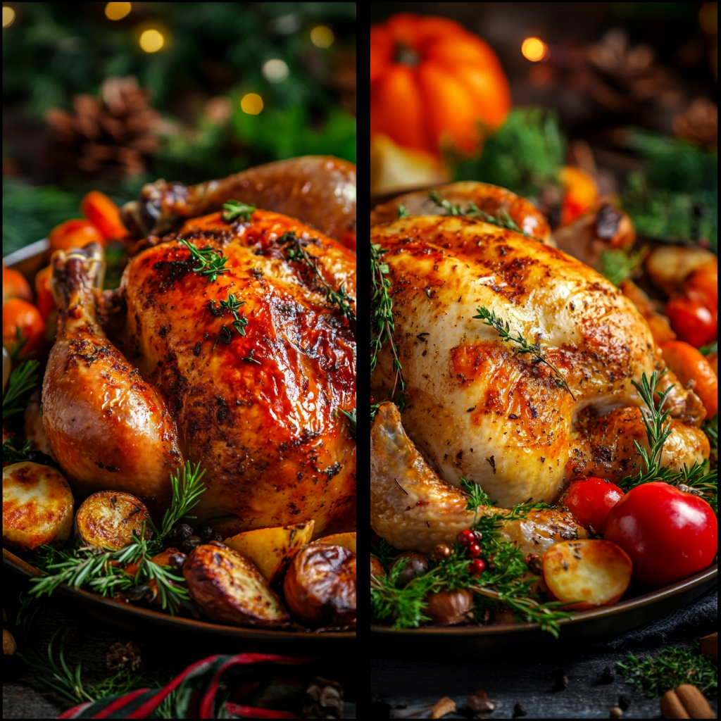 Roasted chicken and turkey with herbs and vegetables