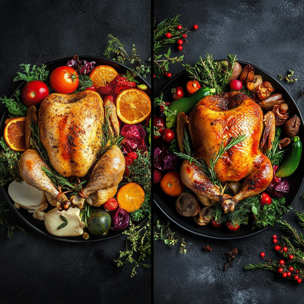 christmas dinner chicken or turkey : Roasted chicken and turkey with herbs and vegetables