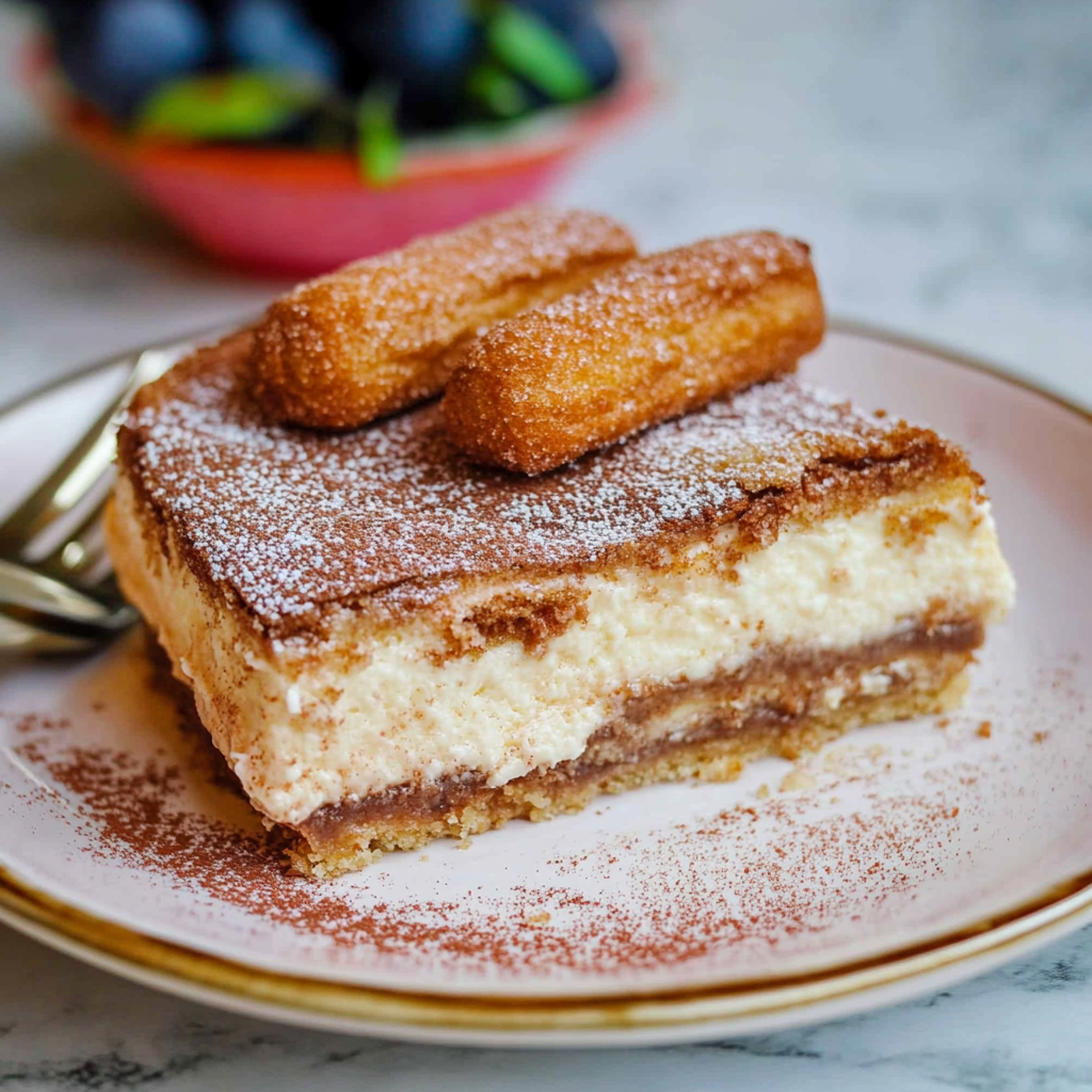 Churro cheesecake on a serving platter, with churro topping