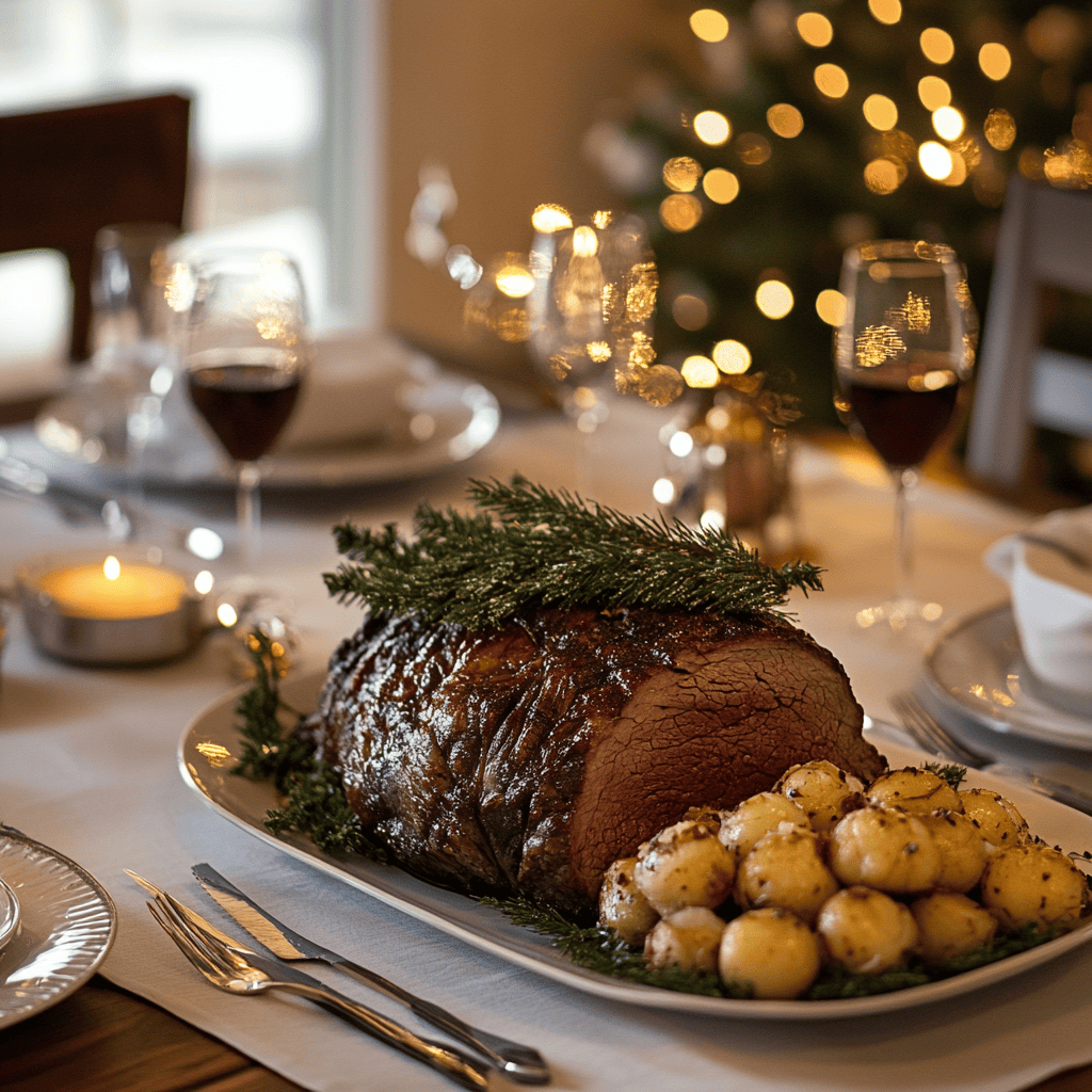 A beautifully plated roast beef dinner on a rustic wooden table. The roast beef is perfectly cooked, sliced to reveal a pink, juicy center, and is garnished with fresh rosemary and cracked black pepper. Surrounding the roast are sides like golden-brown roasted potatoes, glazed carrots, and green beans. The table setting is cozy, with soft lighting, a red checkered napkin, and a glass of red wine nearby. The atmosphere evokes a warm, festive family meal.